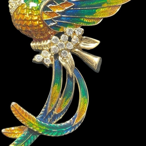 Hummingbird brooch, pin large, vibrant, colorful, feathers, enamel, rhinestones - Picture 4 of 9